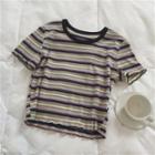 Short-sleeve Lettuce Edge Striped Cropped T-shirt