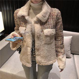 Fleece Panel Tweed Button Jacket As Shown In Figure - One Size