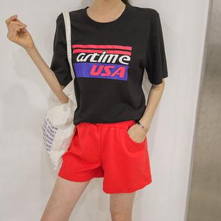 Set: Lettering Cotton T-shirt + Band-waist Shorts