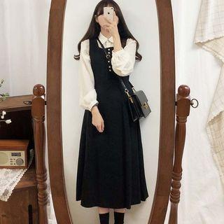 Set: Long-sleeve Shirt + Midi Pinafore Dress