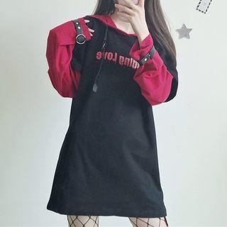 Lettering Hooded Mock Two-piece T-shirt