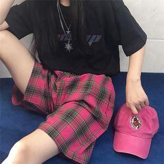 High-waist Plaid Straight-cut Shorts