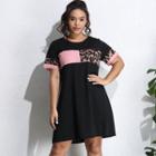 Plus Size Short-sleeve Leopard Print Panel Mini A-line Dress