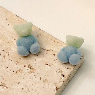Flocking Bear Earring 1 Pair - S925 Silver Pin Stud Earrings - Gray & Blue - One Size