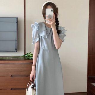 Puff-sleeve Layered Collar Midi A-line Dress