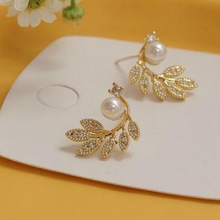 Faux Pearl Rhinestone Leaf Earring 1 Pair - Silver Stud - Gold - One Size