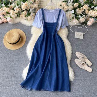 Set : Plain Short-sleeve Top + Denim Jumper Skirt