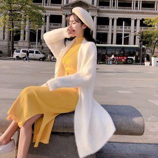 Fluffy Cardigan / Long-sleeve Midi Sheath Knit Dress / Set