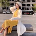 Fluffy Cardigan / Long-sleeve Midi Sheath Knit Dress / Set
