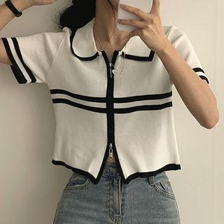 Contrast Trim Zip Cropped Cardigan