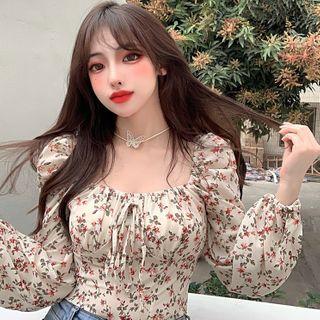 Puff-sleeve Floral Print Blouse Floral Print - Beige - One Size