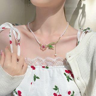 Flower Faux Crystal Pendant Choker 01 - White & Green - One Size