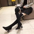 Elastic Fabric Block Heel Tall Boots