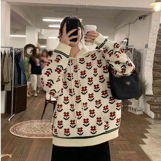 Floral Patterned Knit Hoodie