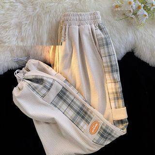 Drawstring-cuff Plaid Panel Loose Fit Sweatpants