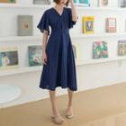 Fluttered-sleeve A-line Pinstripe Dress