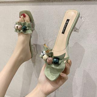 Beaded Ruffle Accent Block Heel Sandals