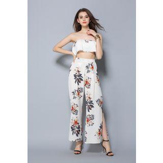 Set: Floral Print Bandeau Top + Slit Hem Wide Leg Pants