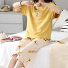 Loungewear Set : Short-sleeve Flower Print Top + Capri Pants
