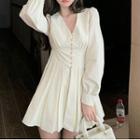V-neck Pleated Mini A-line Dress