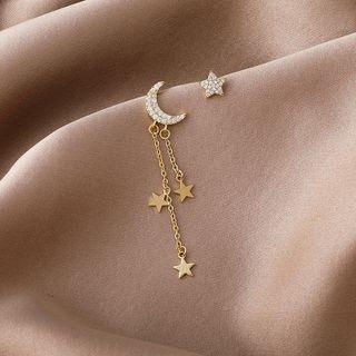 Moon & Star Rhinestone Asymmetrical Fringed Earring 1 Pair - Gold - One Size