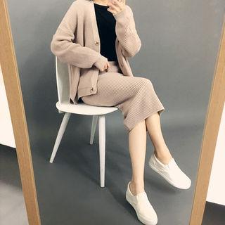 Set: V-neck Slit-side Cardigan + Band-waist Midi Skirt