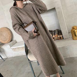 Long-sleeve Plain Knit Hooded Midi Dress