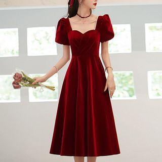 Puff-sleeve Velvet Evening Dress