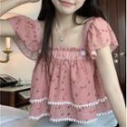 Short-sleeve Square-neck Lace Trim Floral Blouse Pink - One Size