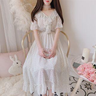 Short-sleeve Ruffled Patterned Chiffon A-line Midi Dress