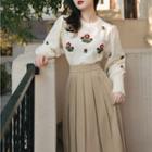 Set: Floral Embroidered Sweater + High Waist Midi Pleated Skirt