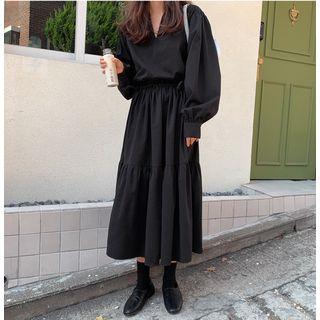 Lantern-sleeve Midi A-line Dress Black - One Size