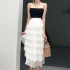 Spaghetti Strap Top / Mesh Midi Tiered Skirt / Set