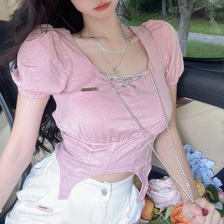 Puff-sleeve Chain Strap Crop Top