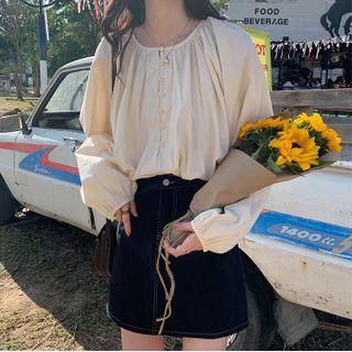 Long-sleeve Plaid / Plain Blouse
