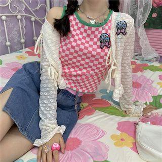 Bow Embroidered Checkered Tank Top Bow Embroidery Checker - Pink & White - One Size