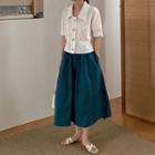 Flower Embroidered Short-sleeve Shirt / Midi A-line Skirt