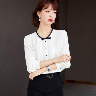 Long-sleeve Contrast Trim Plain Blouse