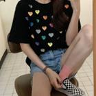 Heart Print Short-sleeve Tee Black - One Size
