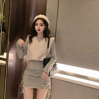 Cropped Fleece Vest / Striped Drawstring Long-sleeve Mini Dress