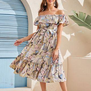 Floral Print Off-shoulder Tiered Midi A-line Dress