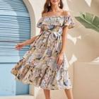 Floral Print Off-shoulder Tiered Midi A-line Dress