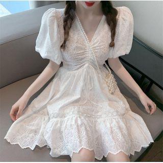 Puff-sleeve Cutout A-line Dress
