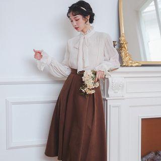 Set: Long-sleeve Tie-neck Blouse + Midi A-line Skirt