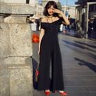 Plain Off Shoulder Short Sleeve Wide Leg Jumpsuit