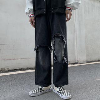 Straight Cut Wide Leg Ripped Jeans