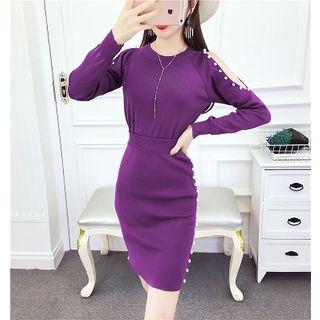 Set: Cold Shoulder Long-sleeve Knit Top + High Waist Knit Skirt