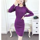 Set: Cold Shoulder Long-sleeve Knit Top + High Waist Knit Skirt