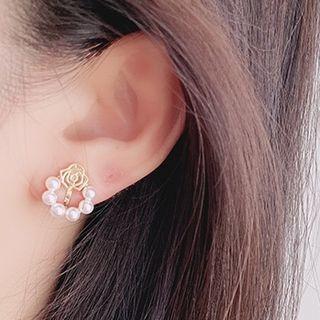 Rose Alloy Faux Pearl Earring 1 Pair - Gold - One Size