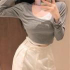 Mock Two-piece Long-sleeve Scoop-neck Crop Top